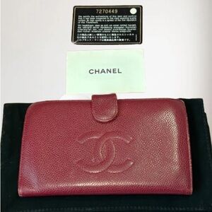 Chanel Burgundy Leather Vintage Timeless CC French Wallet Authentic